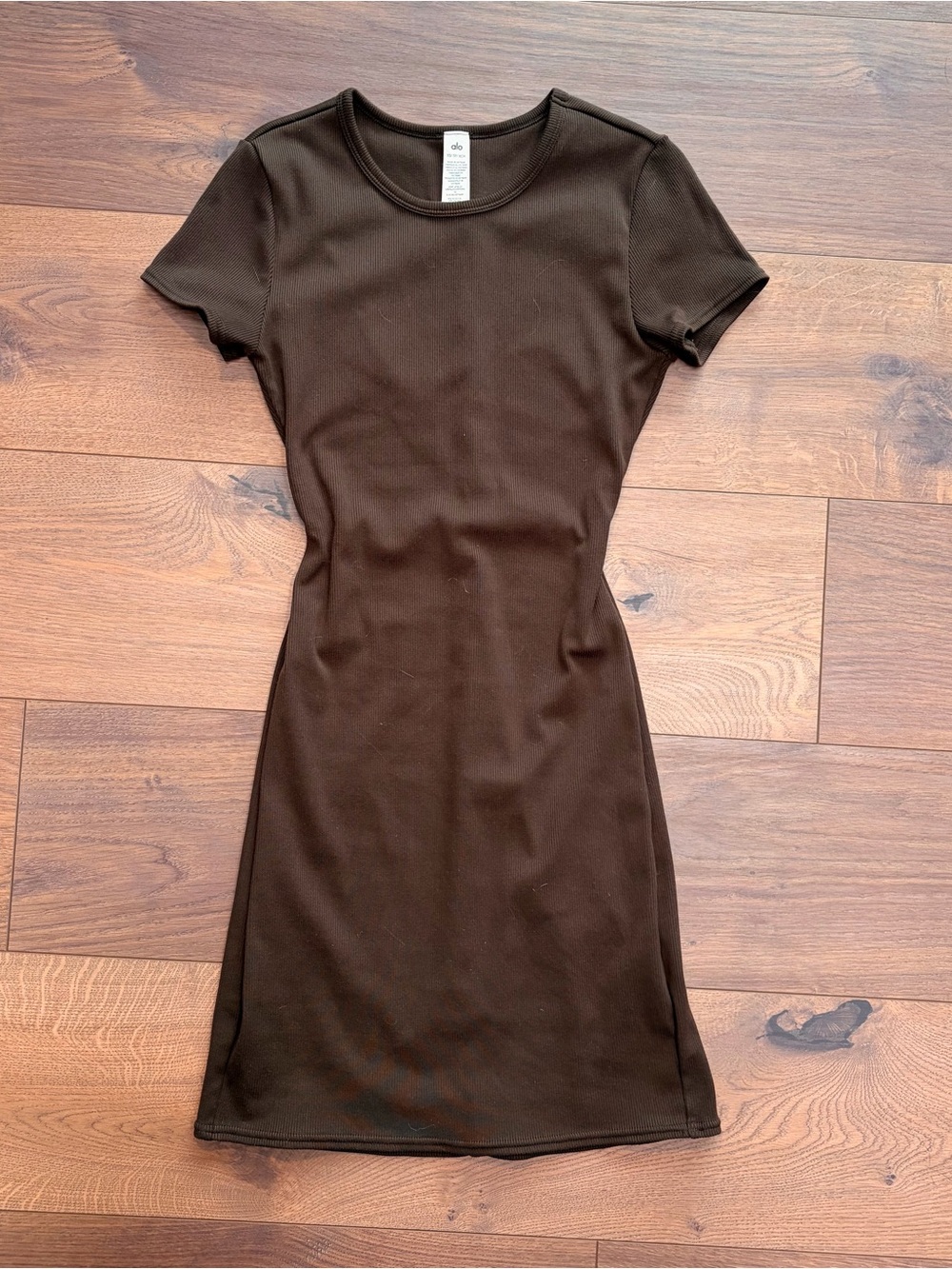 ALO Espresso Goddess Dress Brown Ribbed Short Sleeve Bodycon Mini Dress